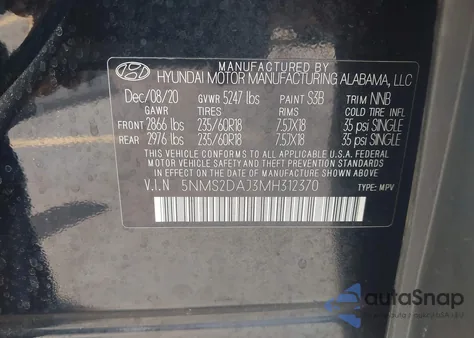 2021 Hyundai Santa Fe Sel из США, поврежденный, VIN 5NMS2DAJ3MH312370